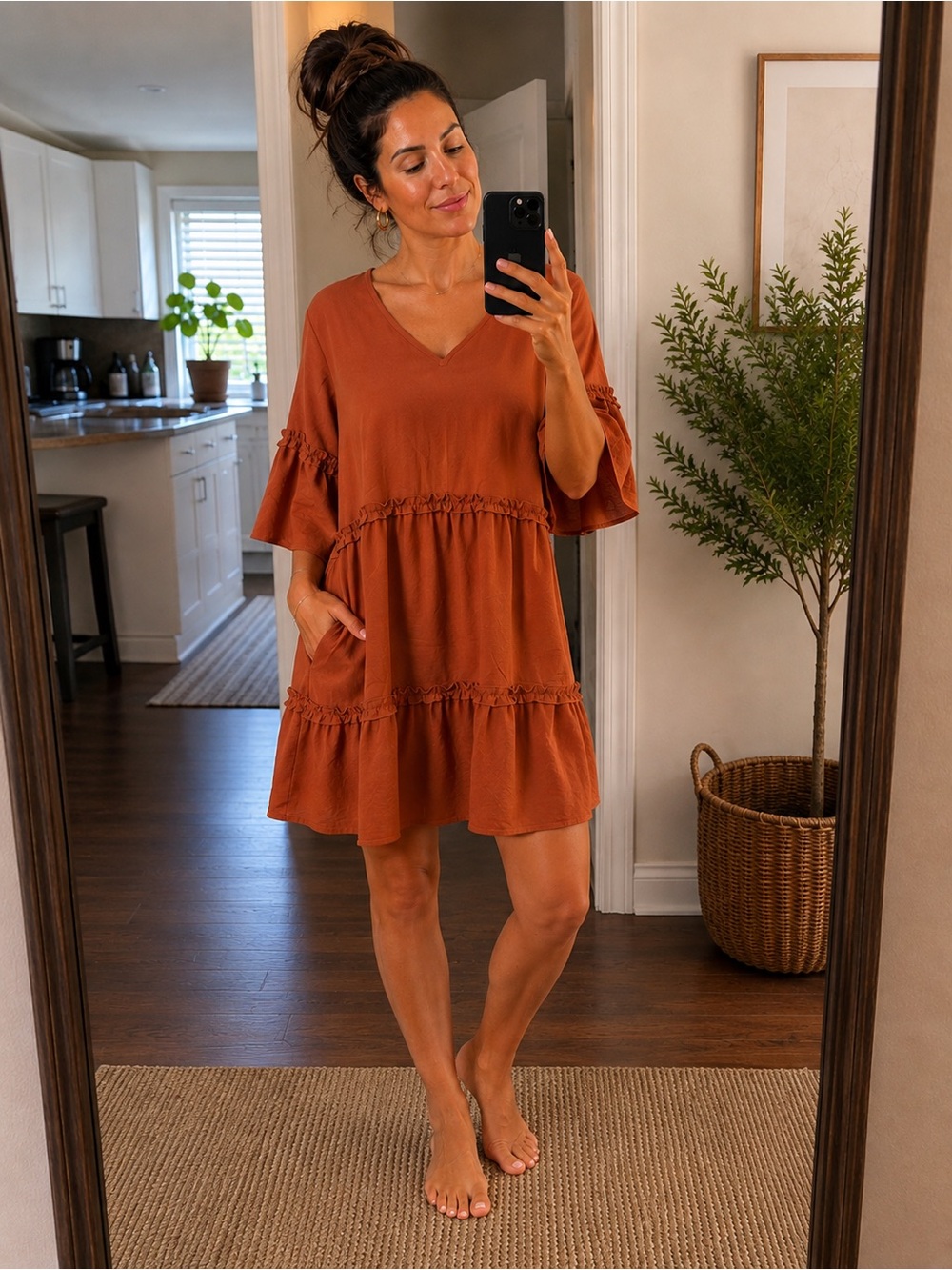 Rust Ruffle Tiered Midi Dress - Casual Women's Dress